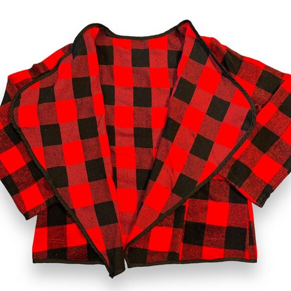 Womens Lightweight Jacket Buffalo Plaid Open Drape Front Long Sleeves Red Black - Picture 2 of 6